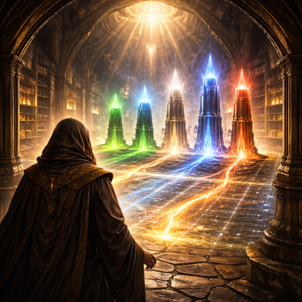 Fantasy scene showing a stable glowing stone pillar representing basic lands beside a more ornate but cracked arcane structure representing nonbasic lands, illustrating the tradeoff between stability and flexibility in Commander mana bases.