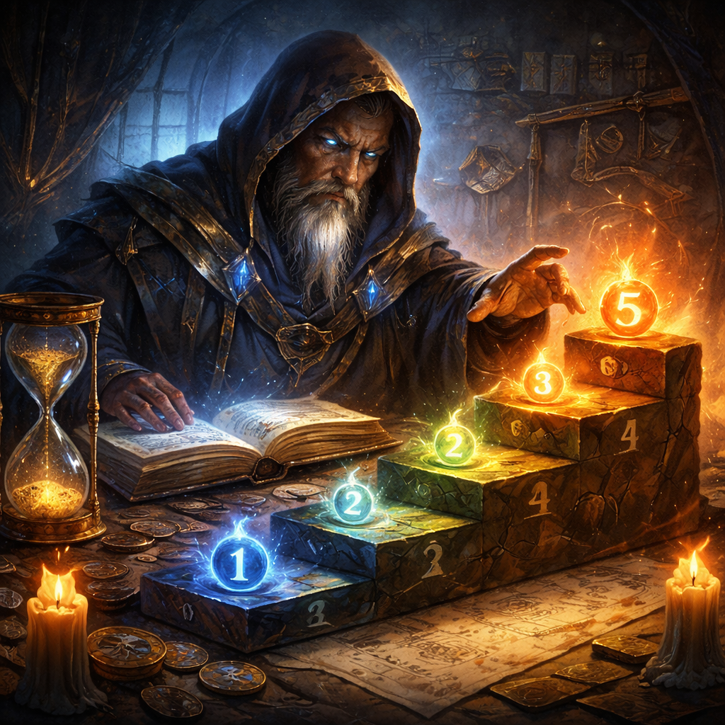 High-fantasy wizard studying glowing mana stones arranged in ascending order beside an hourglass, representing mana curve and tempo strategy in a Magic: The Gathering Commander deck.