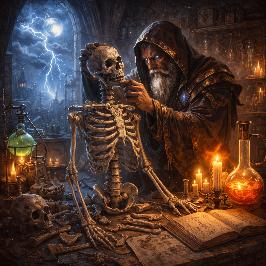 High-fantasy cinematic painting of a wizard in a medieval laboratory assembling a human skeleton on a wooden table, illuminated by candlelight and glowing magical energy, with lightning striking outside a moonlit window.