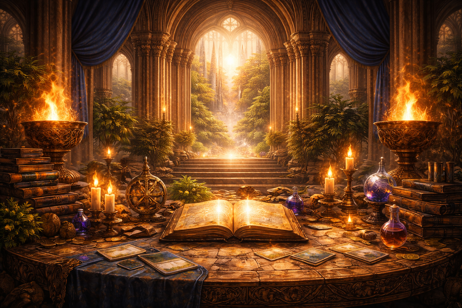 Wizard under a stone arch surveys a glowing fantasy city for the Token Deck Building Guide.