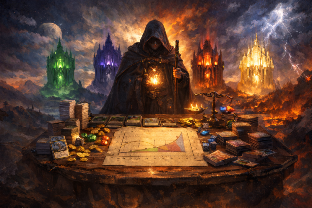 Fantasy wizard analyzing cards and mana stones at a strategy table representing Commander land count decisions based on curve, ramp density, and power level