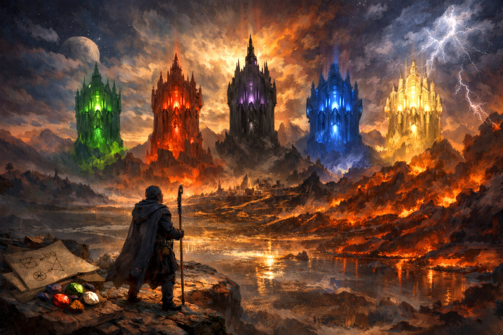 Epic fantasy scene illustrating how mana base structure changes from two to five colors