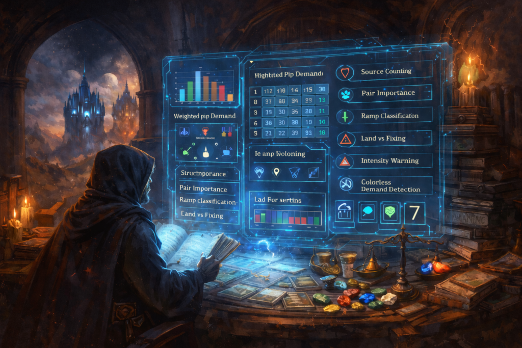 Mage evaluating deck foundation using charts symbolizing pip demand and source counting