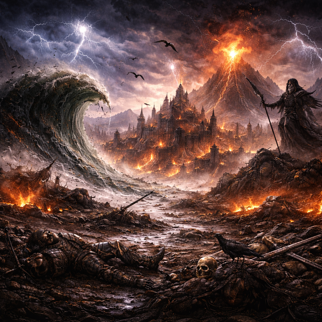 Dark fantasy scene of a catastrophic battlefield with storms, fire, and destruction overwhelming a fallen army, symbolizing interaction balance and survival strategy in MTG Commander multiplayer games.