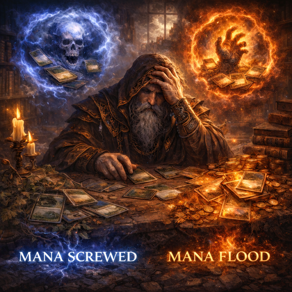 High-fantasy illustration of a frustrated wizard surrounded by glowing land cards labeled mana screwed and mana flood, symbolizing deck consistency and mana balance issues in MTG Commander.