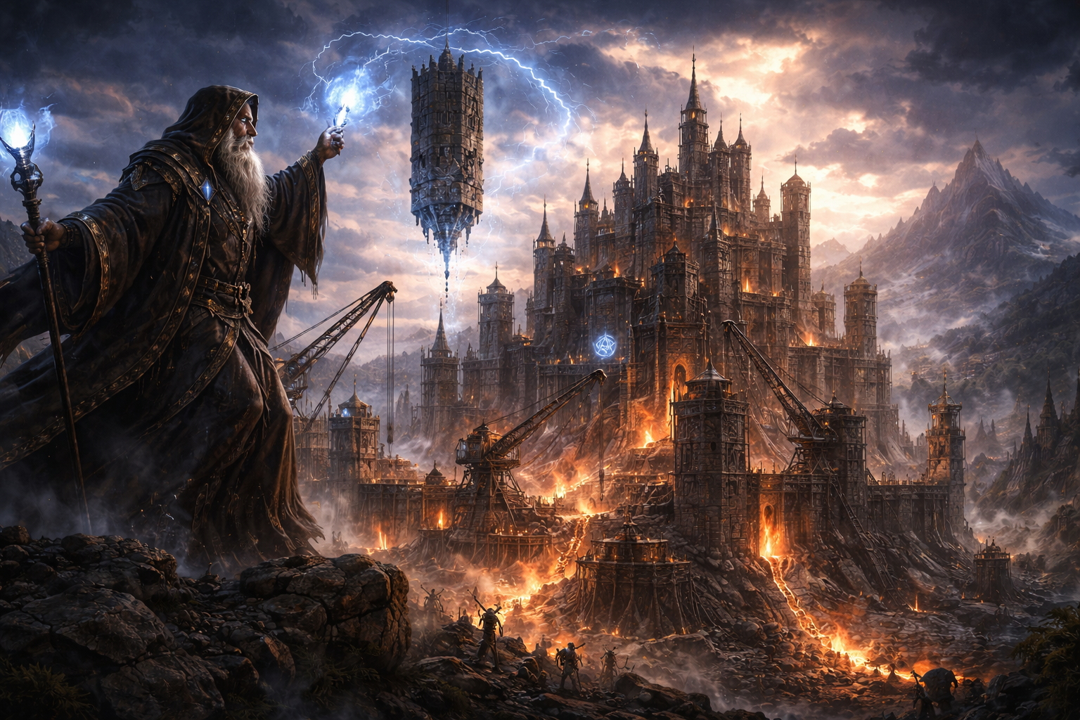 High-fantasy cinematic painting of a powerful wizard magically constructing a massive medieval castle, symbolizing MTG Commander deck building strategy and foundational structure.