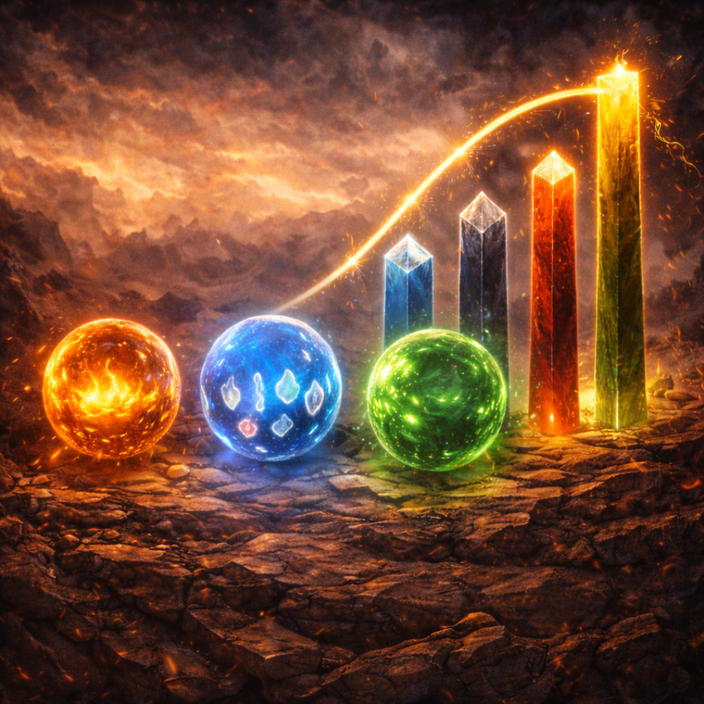 Three glowing elemental orbs and rising mana pillars connected by light, representing curve pressure, color pressure, and mana access alignment in Commander deckbuilding.