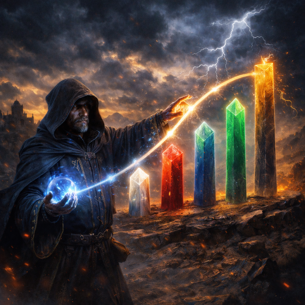 Human wizard shaping a glowing mana curve of rising crystal pillars under a stormy sky, representing Commander mana curve and tempo.