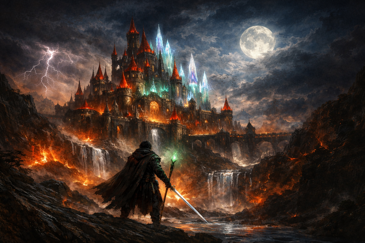 Mystical high-fantasy castle glowing with red, blue, green and iridescent white magic beneath a moonlit storm, cinematic dark fantasy digital painting with a lone cloaked warrior overlooking the fortress.