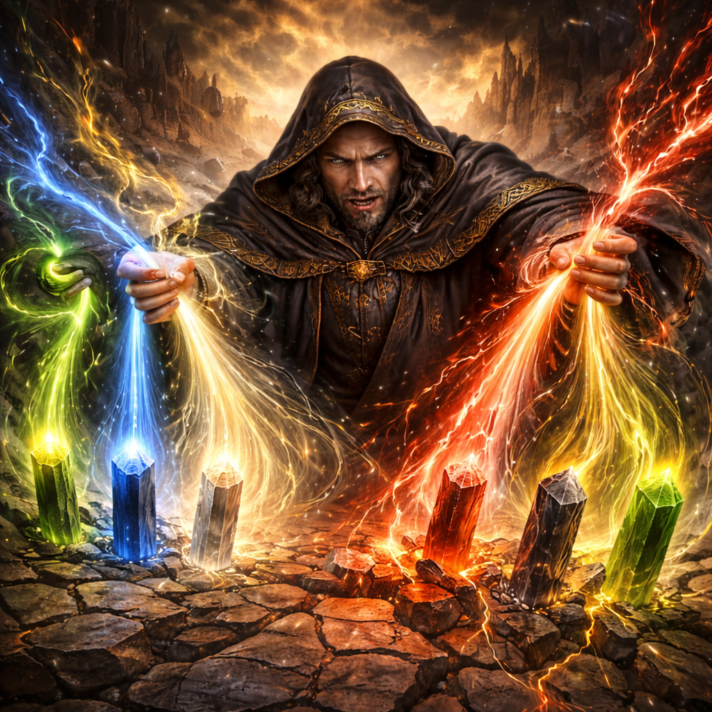 Fantasy wizard channeling two different magical forces—one expanding raw mana energy and one refining colored mana streams—symbolizing the difference between ramp and mana fixing in multicolor Commander decks.