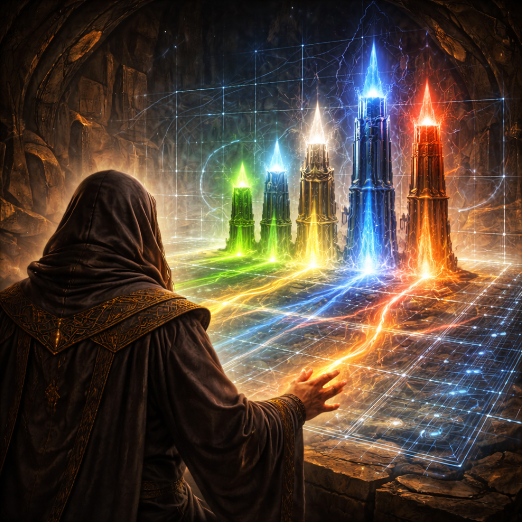 Fantasy wizard struggling to control multiple swirling streams of colored mana that begin to fracture and destabilize, symbolizing the structural strain of adding extra colors to a Commander mana base.