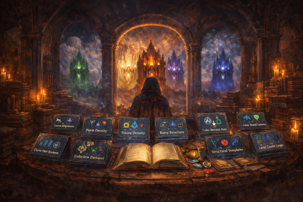 Wizard standing in a magical library overlooking glowing mana citadels representing the pillars of multicolor Commander mana base construction