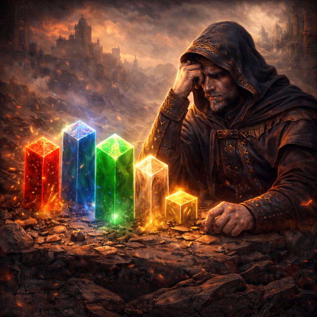 Frustrated wizard surrounded by glowing multicolored mana crystals, symbolizing unstable mana bases and color imbalance in multicolor Commander decks.