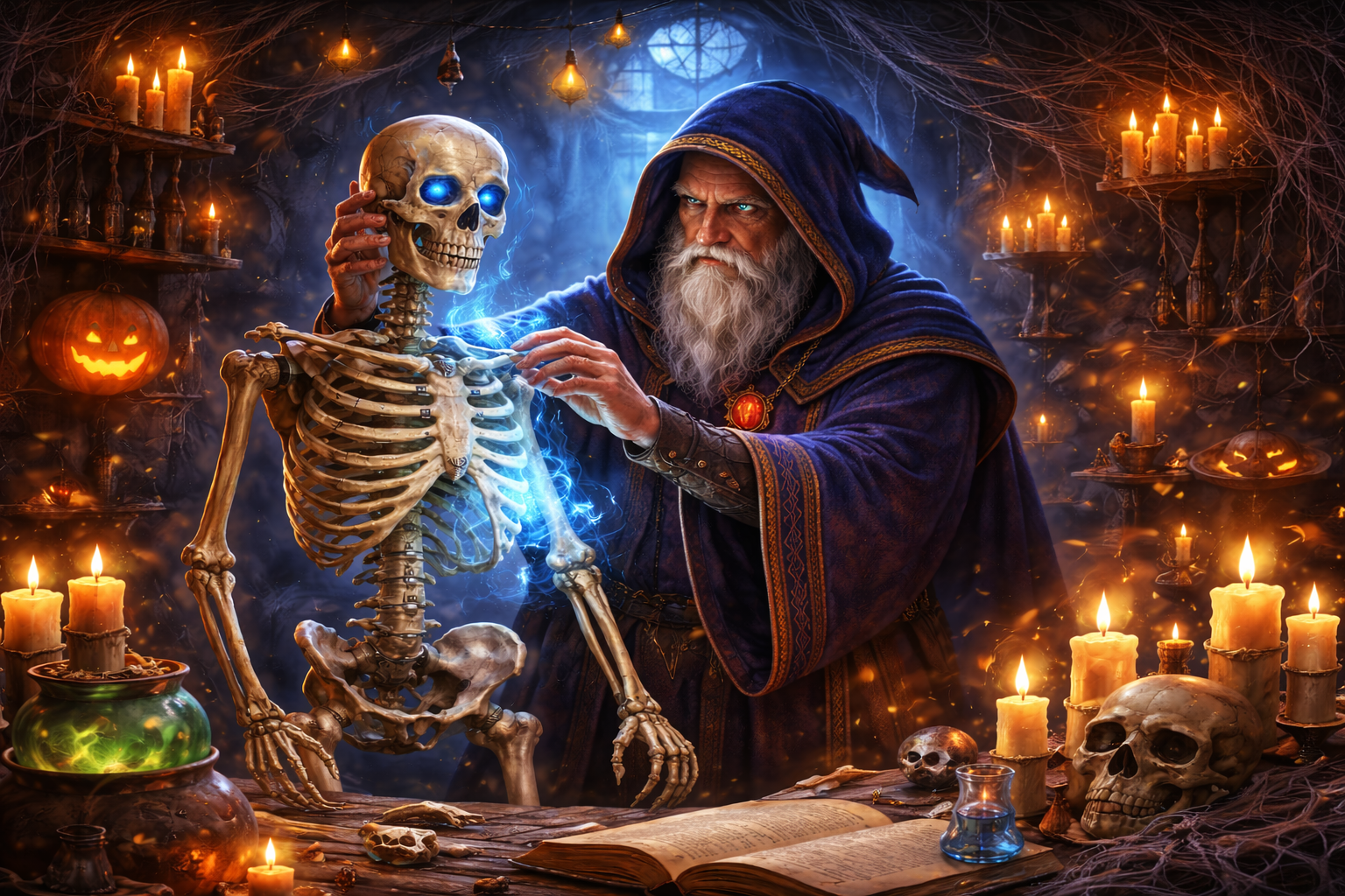 Wizard building a magical skeleton as a metaphor for Commander deck structure