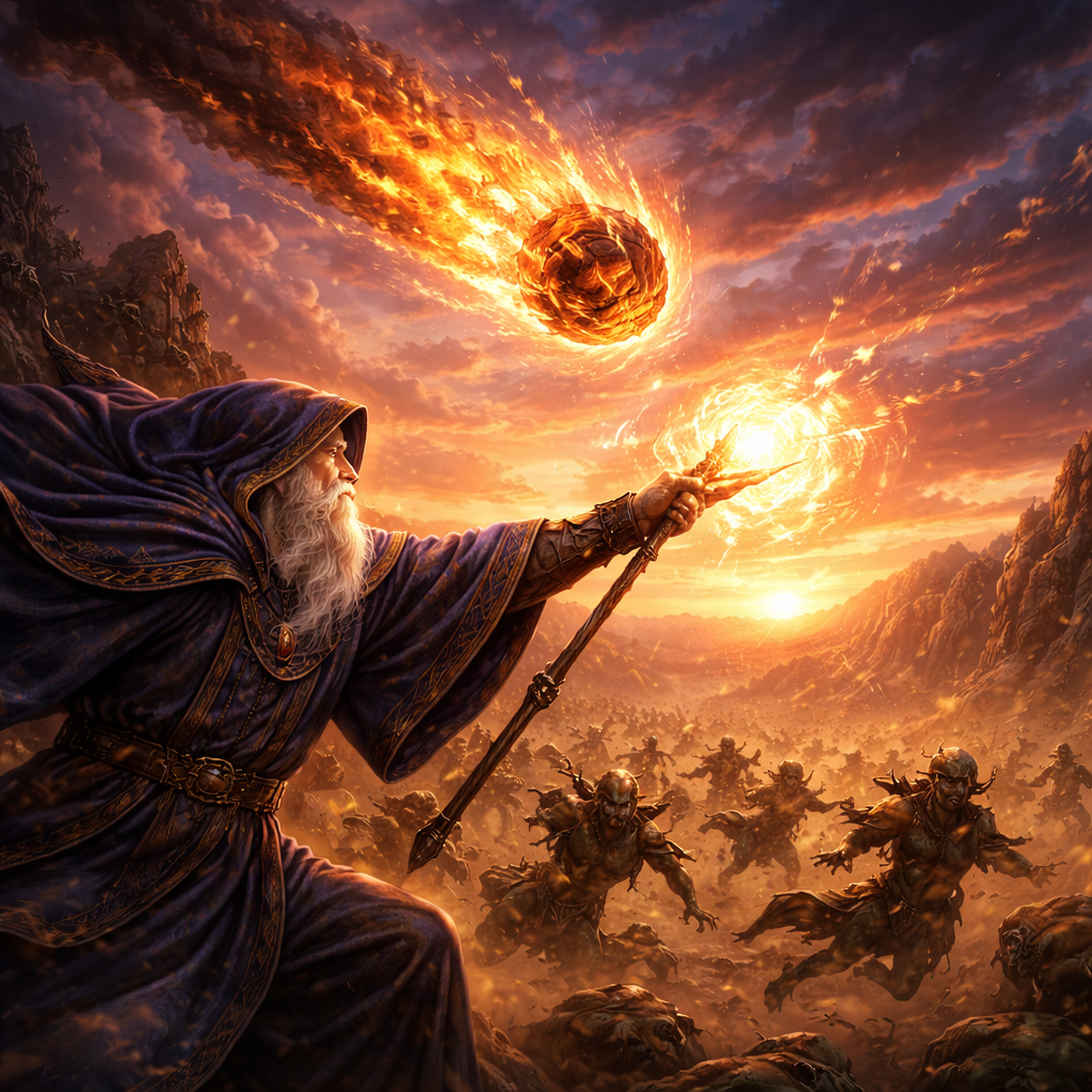 Fantasy wizard summoning a fiery meteor while goblins run for their lives in an outdoor sunset battlefield