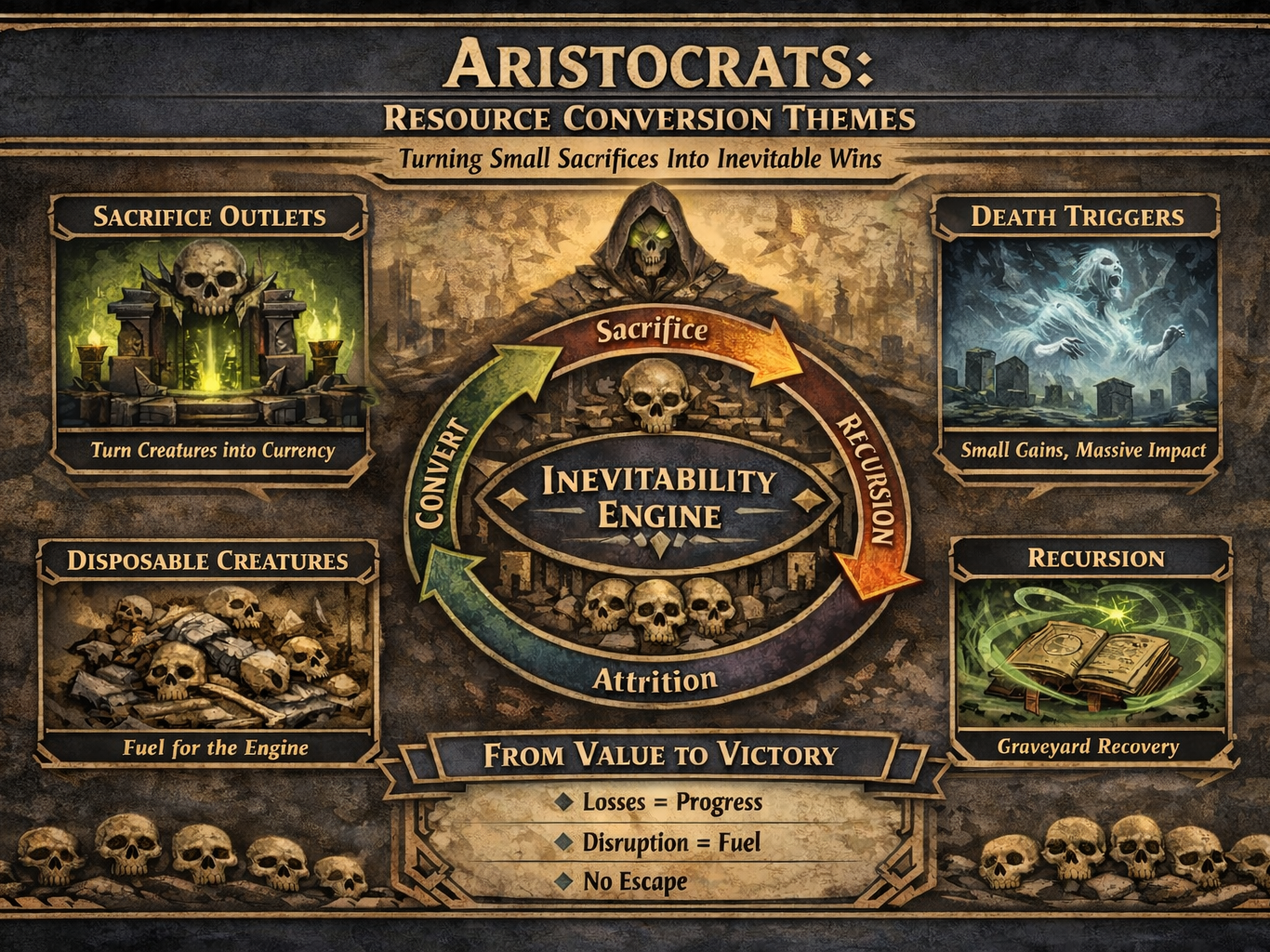 Dark fantasy infographic of Aristocrats MTG strategy showing sacrifice, recursion, and inevitability engine loop.